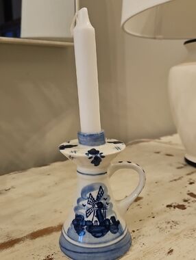 Blue and White Ceramic Candle Holder with Handle - Classic Delft Style